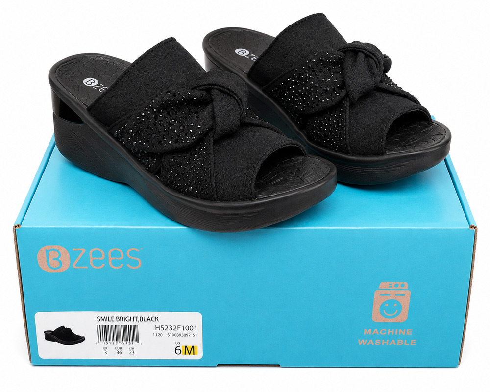 Bzees Smile Bright Black Rhinestone Wedge Slide Sandals Women's Size 6 New